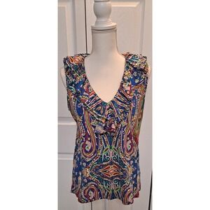 RALPH‎ LAUREN Royal Blue Paisley Ruffle Neck Cotton Knit Sleeveless Tank Top L